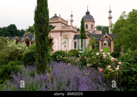 Red mosque in the palace gardens, Schwetzingen castle, Baden-Wuerttemberg, Germany, Europe Stock Photo