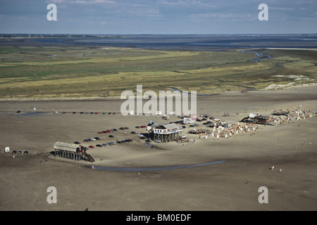 aerial photo of windsurfers, St Peter-Ording, sandbank, mudflat, sandflat, Wadden Sea, German Bight, North Sea, Schleswig Holste Stock Photo