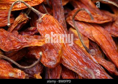 An atmospheric still life of dried red chilies found in the central market, Arequipa, Peru Stock Photo