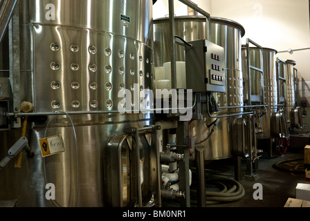 Huge stainless steel wine fermentation tanks at Nk'Mip Winery cellar in Osoyoos Stock Photo