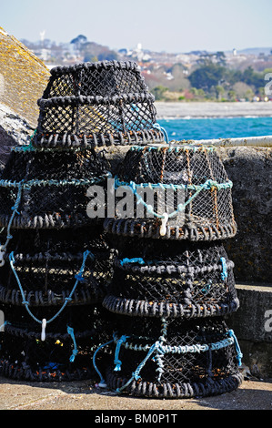 crab pots on the harbour at newlyn near penzance in cornwall, uk Stock Photo