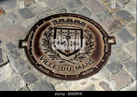 Sever plate wiht Coat of arms of the town,Jacobins place,Plantagenet City, Old town of Le Mans, Sarthe, France Stock Photo