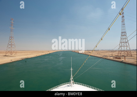 View from the Bow of a Passenger Ship Cruising The Suez Canal, Egypt Stock Photo