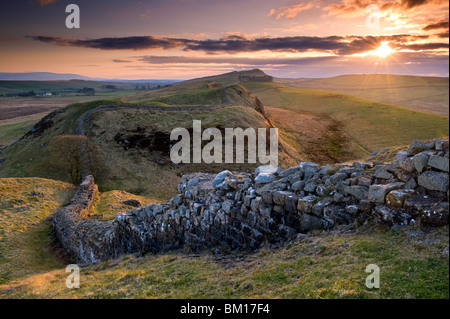 Sunset at Hadrian's Wall, Northumberland National Park, England, UK Stock Photo