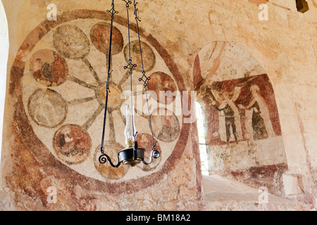 UK, England, Herefordshire, Kempley, St Mary’s ancient church nave, wheel of life medieval wall painting Stock Photo