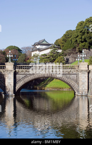 Niju Bashi bridge reflecting in moat, Imperial Palace, Tokyo, Japan, Asia Stock Photo