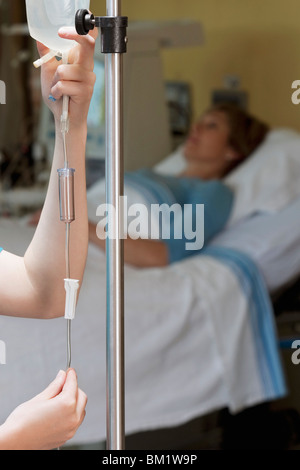 Female doctor checking a saline drip Stock Photo