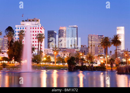 MacArthur Park Lake and city skyline, Los Angeles, California, United States of America, North America Stock Photo