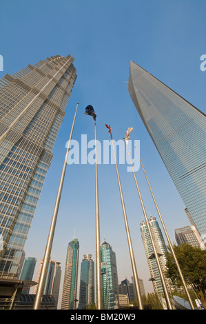 The Jin Mao Tower on the left, and the Shanghai World Financial Center on the right, Shanghai, China Stock Photo