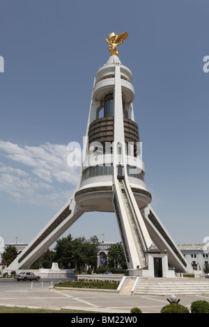 The Neutrality Arch with a golden statue of Saparmyrat Niyazov Turkmenbashi on top in Ashgabat, Turkmenistan. Stock Photo