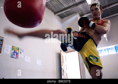 Woman ultimate fighter Vanessa Porto kicks the punching bag. Stock Photo