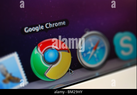 A Photo illustration of the Google Chrome application in the dock of a macbook Stock Photo