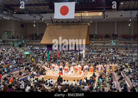 Fukuoka Sumo competition, entering the ring ceremony, Kyushu Basho, Fukuoka city, Kyushu, Japan Stock Photo