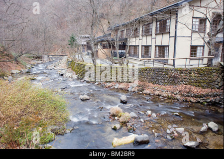 River flowing through Aoni Onsen hot spring resort, Aomori prefecture, Japan Stock Photo