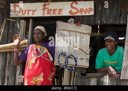 Masai man at airstrip duty free, Masai Mara, Kenya, East Africa Stock Photo