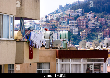 Washing line outside building in Alanya, Turkey. Stock Photo