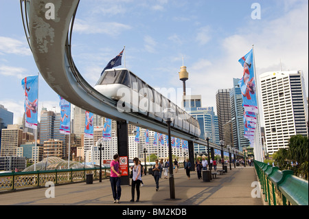 The monorail in Sydney seen from Pyrmont Bridge at Darling Harbour Stock Photo