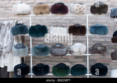 Fur hats for sale, Khiva, Uzbekistan Stock Photo
