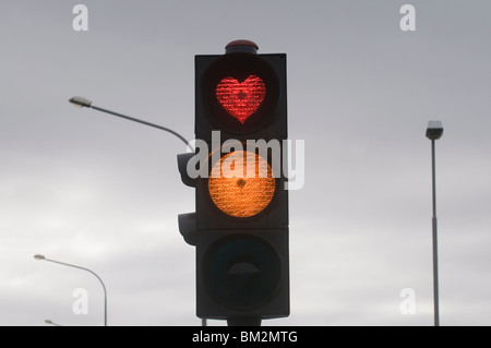 Heart as red light of a traffic light, Akureyri, Iceland, Polar Regions Stock Photo