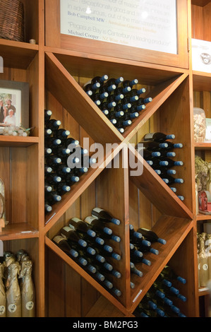 Bottles of wine at Pegasus Bay Winery in the Waipara area of Canterbury on New Zealand's South Island Stock Photo