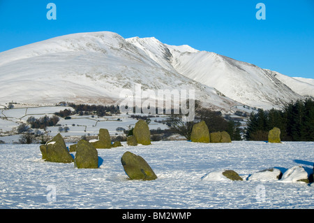 Castlerigg Stone Circle and the mountain of Blencathra in winter, Lake District, Cumbria, England, UK