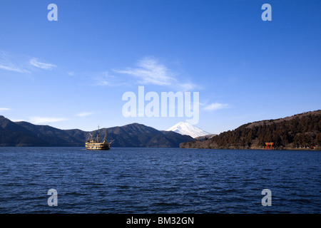 Pirate Ship on Lake, Mt. Fuji in the Background Stock Photo