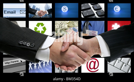 Tech tv video communication screen rows handshake Stock Photo