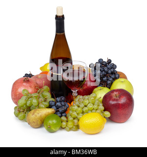 Still-life from various fruit and wine on white Stock Photo