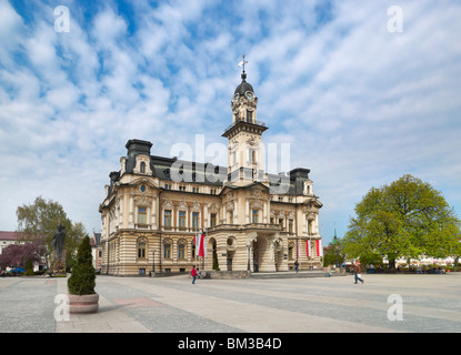 The Central Square of the Little or Lesser Poland town of Nowy Sacz. Town Hall. Stock Photo