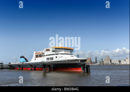 Dublin and Belfast Irish Sea Ferry moored at Birkenhead Pier on the River Mersey with Liverpool in the distance. Stock Photo