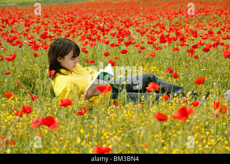 Reading a book in a poppies field. Stock Photo