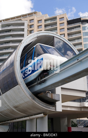 The Sydney monorail train in a tunnel at Darling Harbour as seen from Pyrmont Bridge, Sydney,New South Wales,Australia Stock Photo