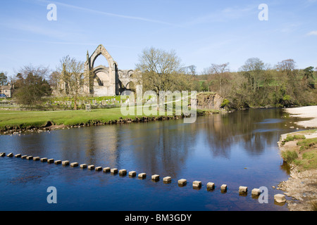 'Bolton Abbey' with steppingstones across the river Wharfe. Stock Photo