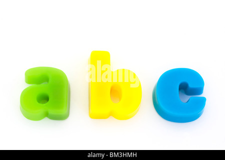 abc green yellow and blue magnetic letters on white Stock Photo