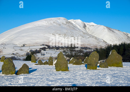 Castlerigg Stone Circle and the mountain of Blencathra in winter, Lake District, Cumbria, England, UK