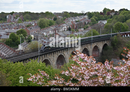 Steam locomotive A4 pacific 60019 Bittern heading north over Durham railway viaduct. England, UK Stock Photo