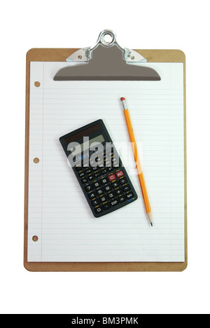 Clipboard, calculator, pencil, and lined white paper isolated on white background with clipping path. Stock Photo