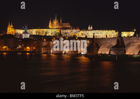 view of Prague, looking over the Charles Bridge and Little Quarter (Mala Strana) towards the cathedral in the castle Stock Photo