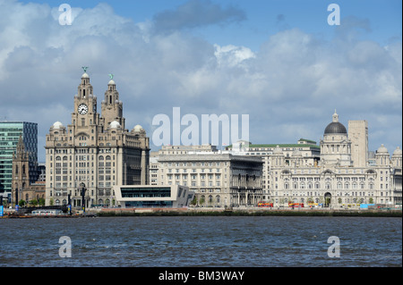 Panoramic view of Liverpool from Birkenhead across river mersey waterfront three graces Stock Photo