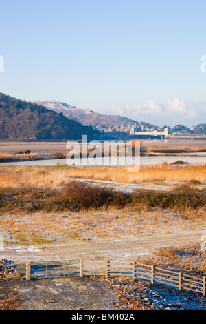 Conwy, North Wales, UK. View across Conwy RSPB reserve coastal lagoons and grassland habitat by Afon Conwy River estuary Stock Photo