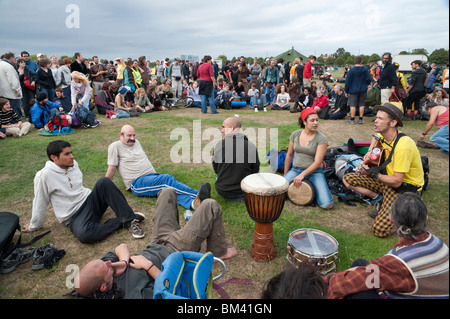 Campers gather for the first general meeting at the Climate Camp on Blackheath Common Stock Photo