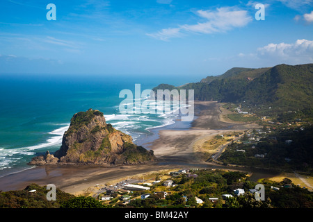 Aerial view of Piha Beach and Lion Rock.  Piha, Waitakere Ranges Regional Park, Auckland, North Island, New Zealand Stock Photo