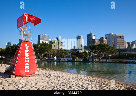 Streets Beach at South Bank Parklands with city skyline in background. Brisbane, Queensland, Australia Stock Photo