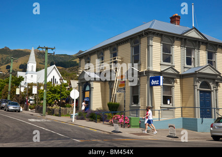 Heritage architecture in the township of Akaroa, Banks Peninsula, Canterbury, South Island, New Zealand Stock Photo