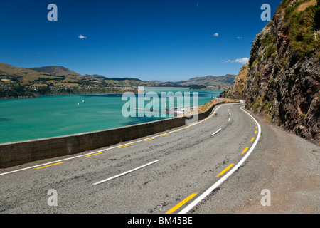 Sumner Road overlooking Lyttelton Harbour. Christchurch, Canterbury, South Island, New Zealand Stock Photo