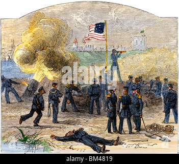 Artillery bombardment of Vera Cruz by US Marines, Mexican War, 1847. Hand-colored woodcut Stock Photo