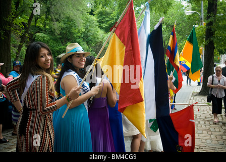 Participants with their flags prior to the Ecuadorian Parade on Central Park West in New York Stock Photo