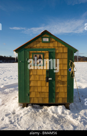 Ice fishing shack on the West River in Brattleboro, Vermont.  Bob House. Stock Photo