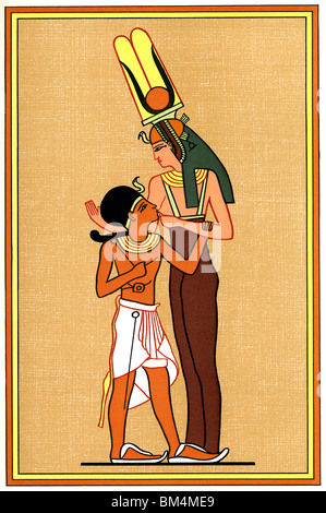 In this Egyptian wall painting, Isis, the Mother Goddess (right) suckles her son Horus, portrayed here as almost an adult. Stock Photo