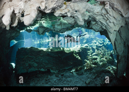 Scuba Diver in Gran Cenote, Tulum, Yucatan Peninsula, Mexico Stock Photo